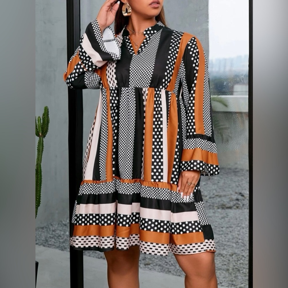 Shein Lune Plus Patchwork Print Flounce Sleeve Ruffle Gem Dress